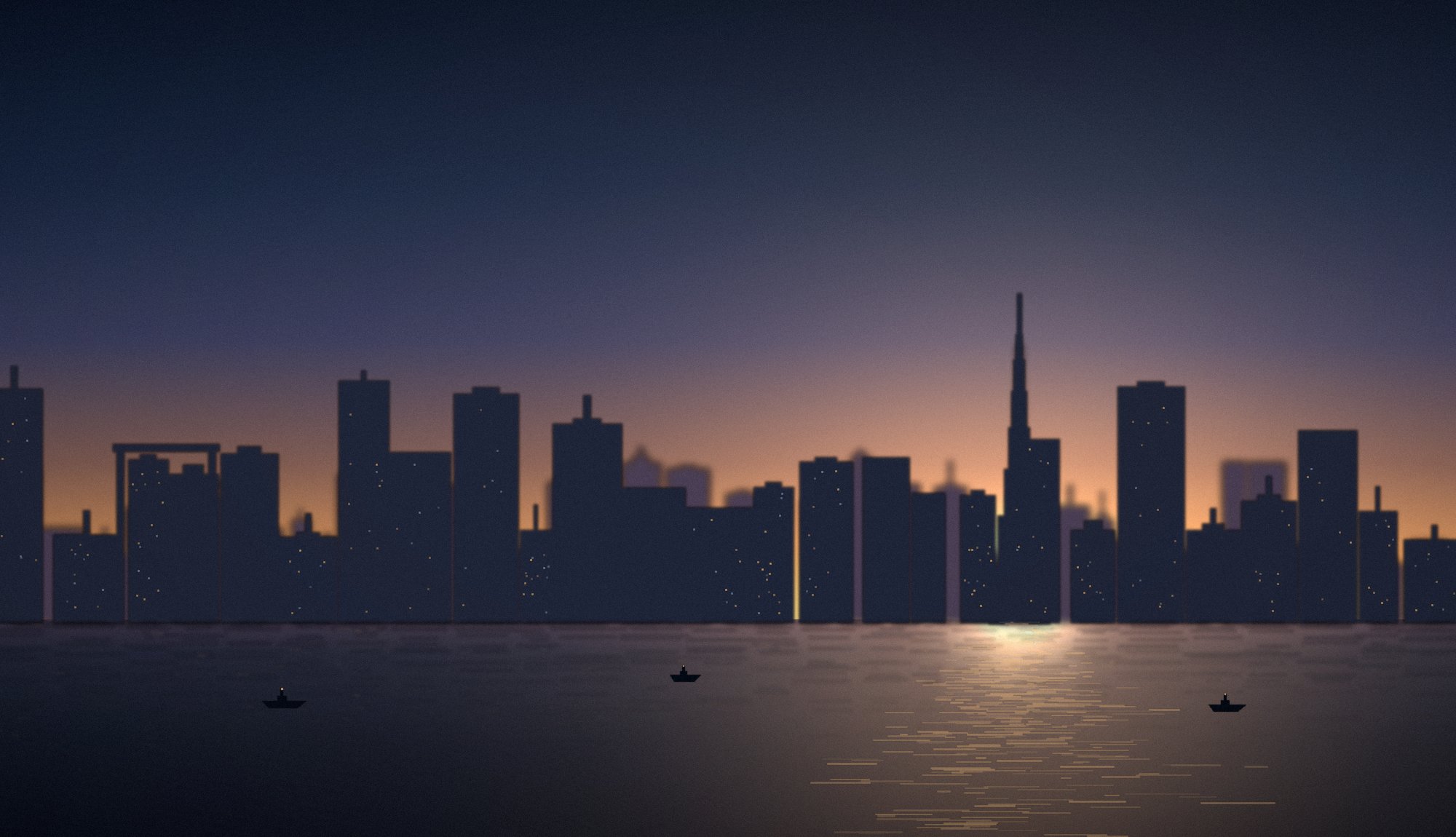 Dubai skyline at dusk seen across the Gulf, city lights on the water